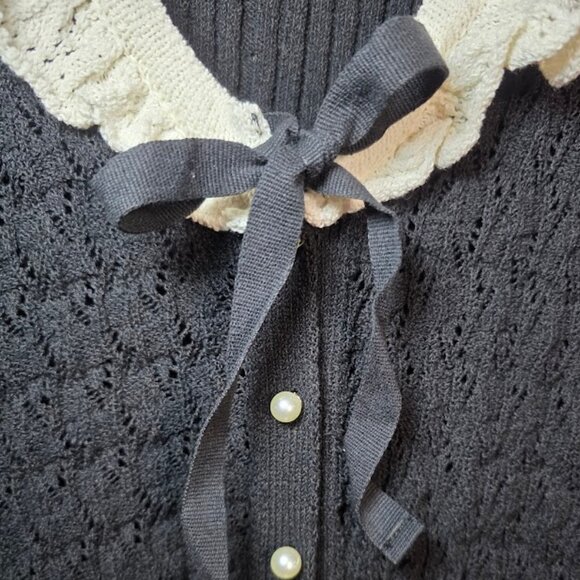 Zara Pointelle Mixed Ruffled Knit Cardigan Black/Cream L - Picture 5 of 11